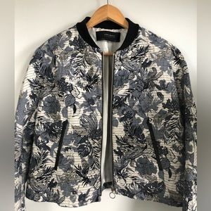 White, Blue, & Black Floral Bomber Jacket